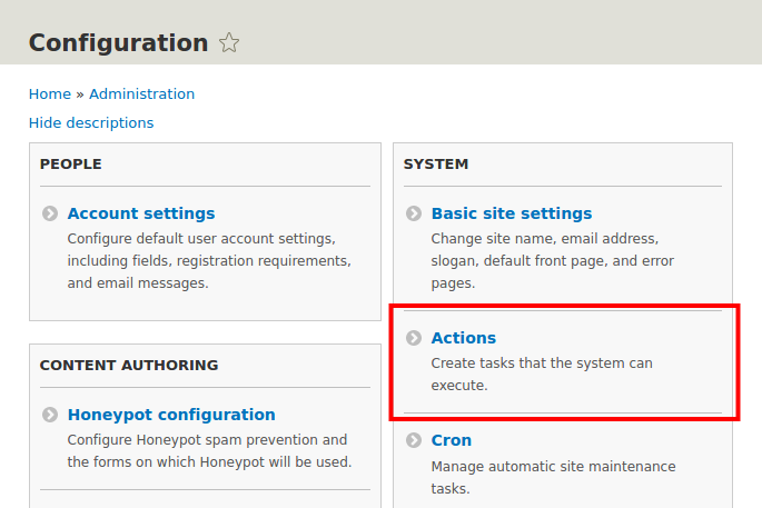 Drupal Actions on settings